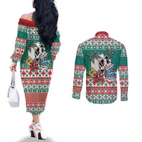 Hawaiian Skull Surfs Couples Matching Off The Shoulder Long Sleeve Dress and Long Sleeve Button Shirt Mele Kalikimaka Palaka Quilt Pattern LT9 - Polynesian Pride