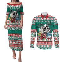 Hawaiian Skull Surfs Couples Matching Puletasi and Long Sleeve Button Shirt Mele Kalikimaka Palaka Quilt Pattern - Polynesian Pride
