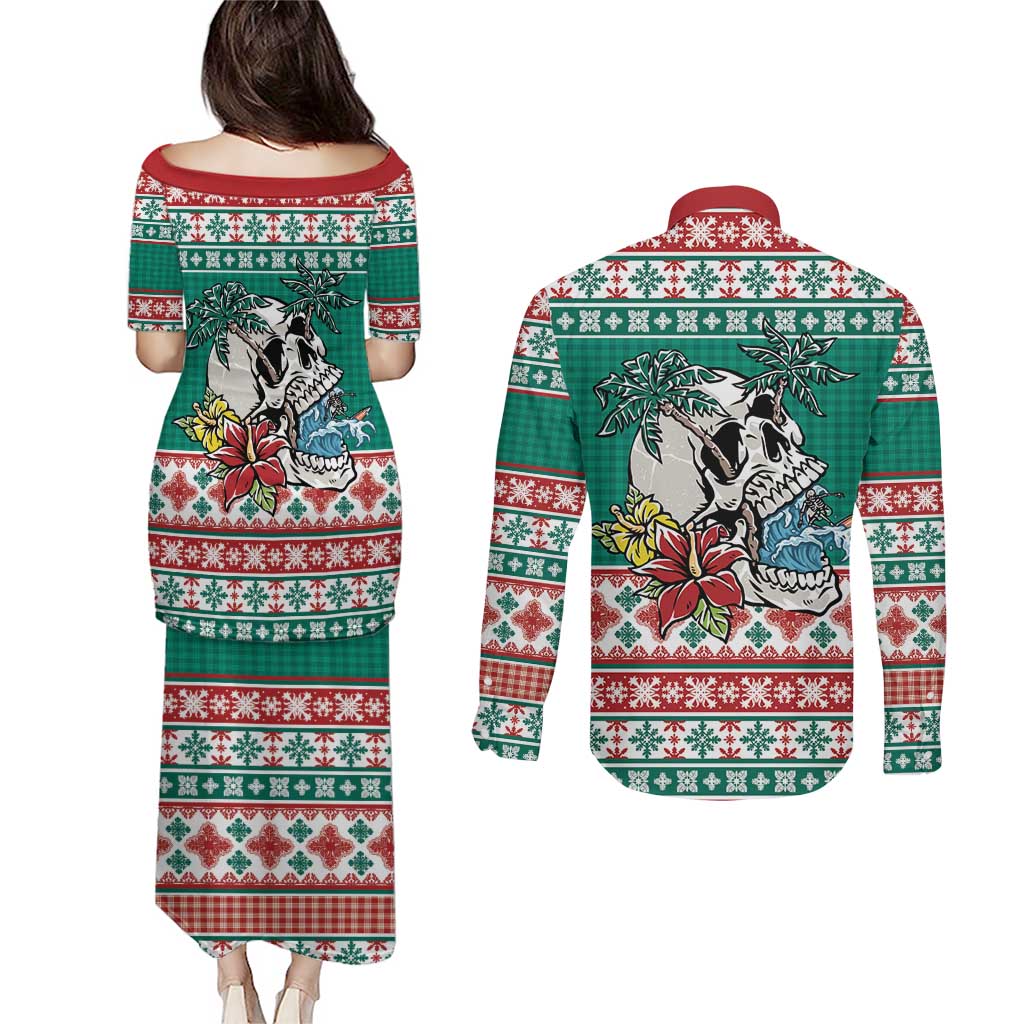 Hawaiian Skull Surfs Couples Matching Puletasi and Long Sleeve Button Shirt Mele Kalikimaka Palaka Quilt Pattern - Polynesian Pride