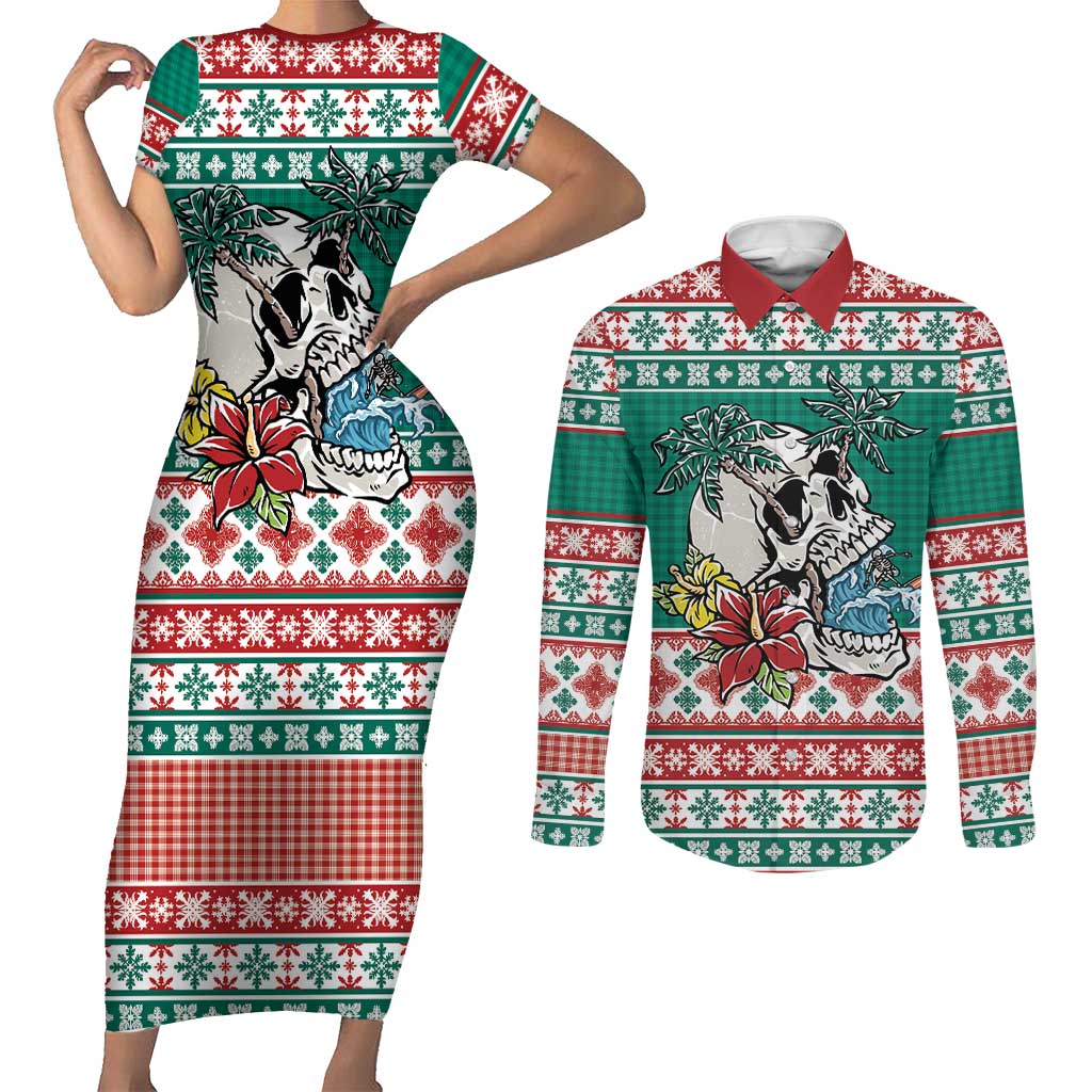 Hawaiian Skull Surfs Couples Matching Short Sleeve Bodycon Dress and Long Sleeve Button Shirt Mele Kalikimaka Palaka Quilt Pattern - Polynesian Pride