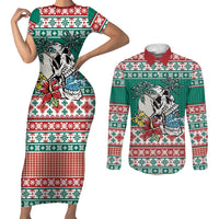 Hawaiian Skull Surfs Couples Matching Short Sleeve Bodycon Dress and Long Sleeve Button Shirt Mele Kalikimaka Palaka Quilt Pattern LT9 Green - Polynesian Pride