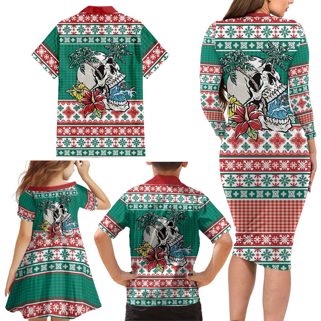 Hawaiian Skull Surfs Family Matching Long Sleeve Bodycon Dress and Hawaiian Shirt Mele Kalikimaka Palaka Quilt Pattern LT9 - Polynesian Pride