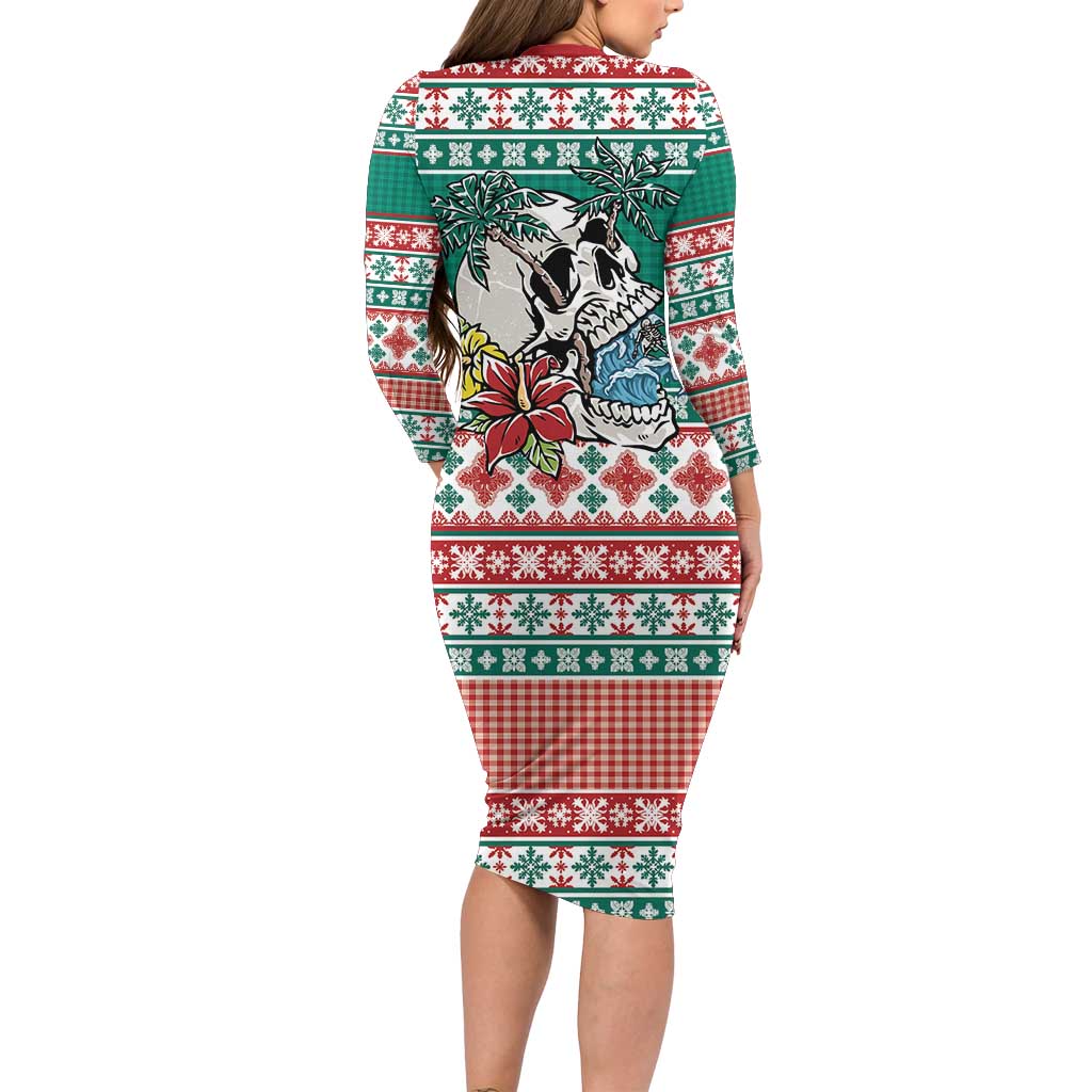 Hawaiian Skull Surfs Family Matching Long Sleeve Bodycon Dress and Hawaiian Shirt Mele Kalikimaka Palaka Quilt Pattern LT9 - Polynesian Pride