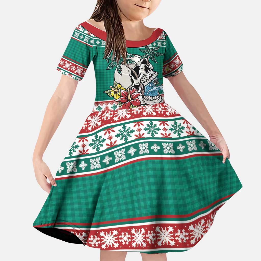 Hawaiian Skull Surfs Family Matching Mermaid Dress and Hawaiian Shirt Mele Kalikimaka Palaka Quilt Pattern LT9 Daughter's Dress Green - Polynesian Pride