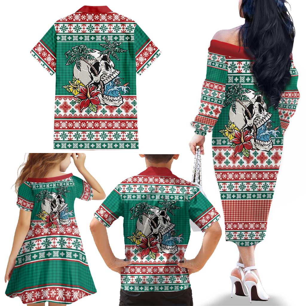 Hawaiian Skull Surfs Family Matching Off The Shoulder Long Sleeve Dress and Hawaiian Shirt Mele Kalikimaka Palaka Quilt Pattern LT9 - Polynesian Pride