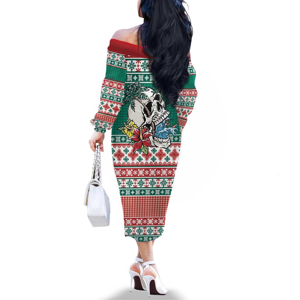 Hawaiian Skull Surfs Family Matching Off The Shoulder Long Sleeve Dress and Hawaiian Shirt Mele Kalikimaka Palaka Quilt Pattern LT9 - Polynesian Pride