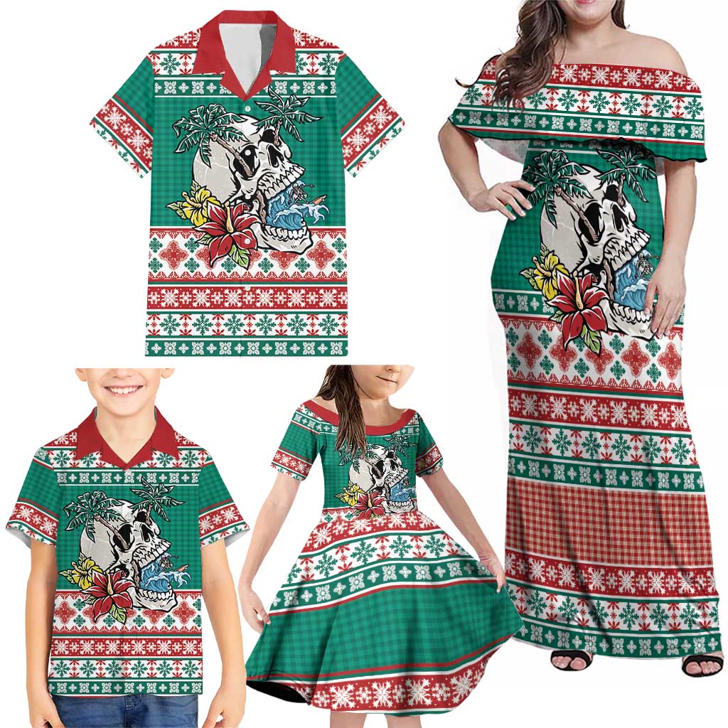 Hawaiian Skull Surfs Family Matching Off Shoulder Maxi Dress and Hawaiian Shirt Mele Kalikimaka Palaka Quilt Pattern LT9 - Polynesian Pride