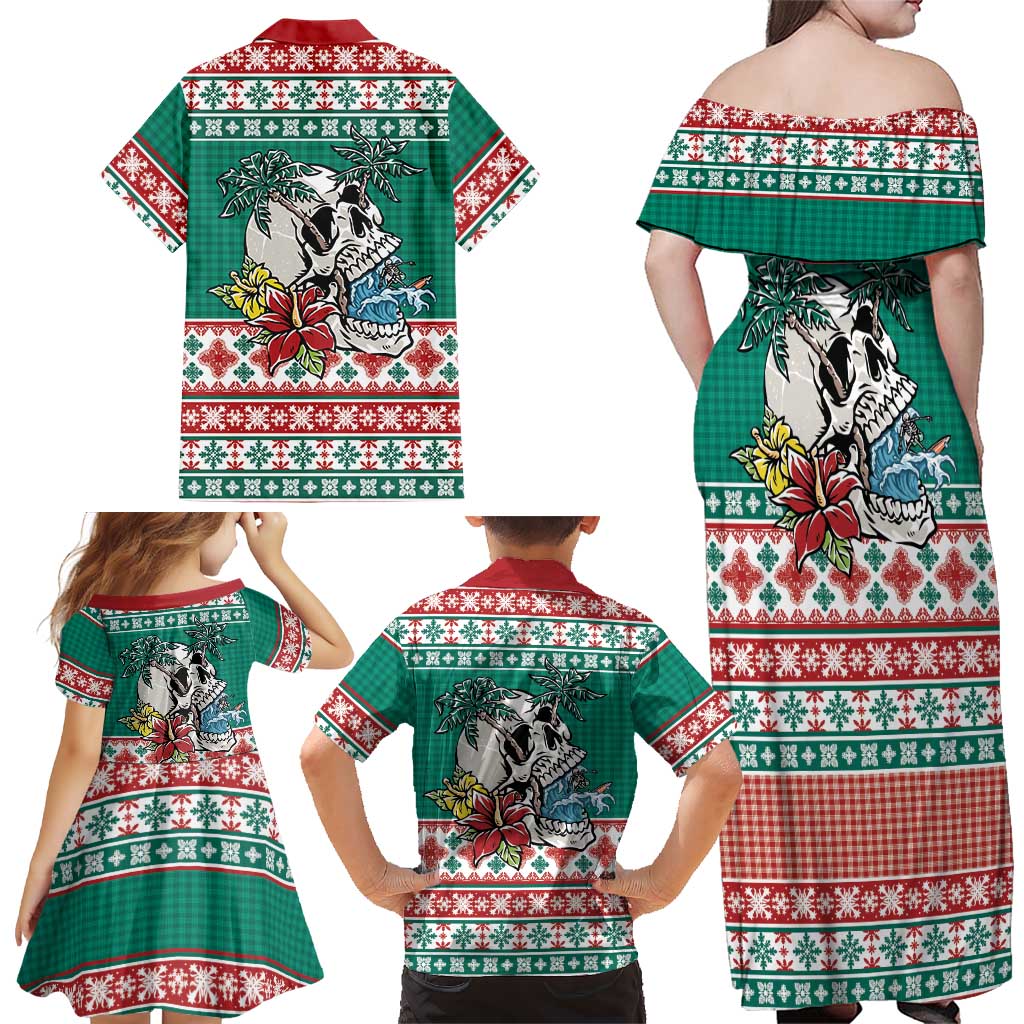 Hawaiian Skull Surfs Family Matching Off Shoulder Maxi Dress and Hawaiian Shirt Mele Kalikimaka Palaka Quilt Pattern LT9 - Polynesian Pride