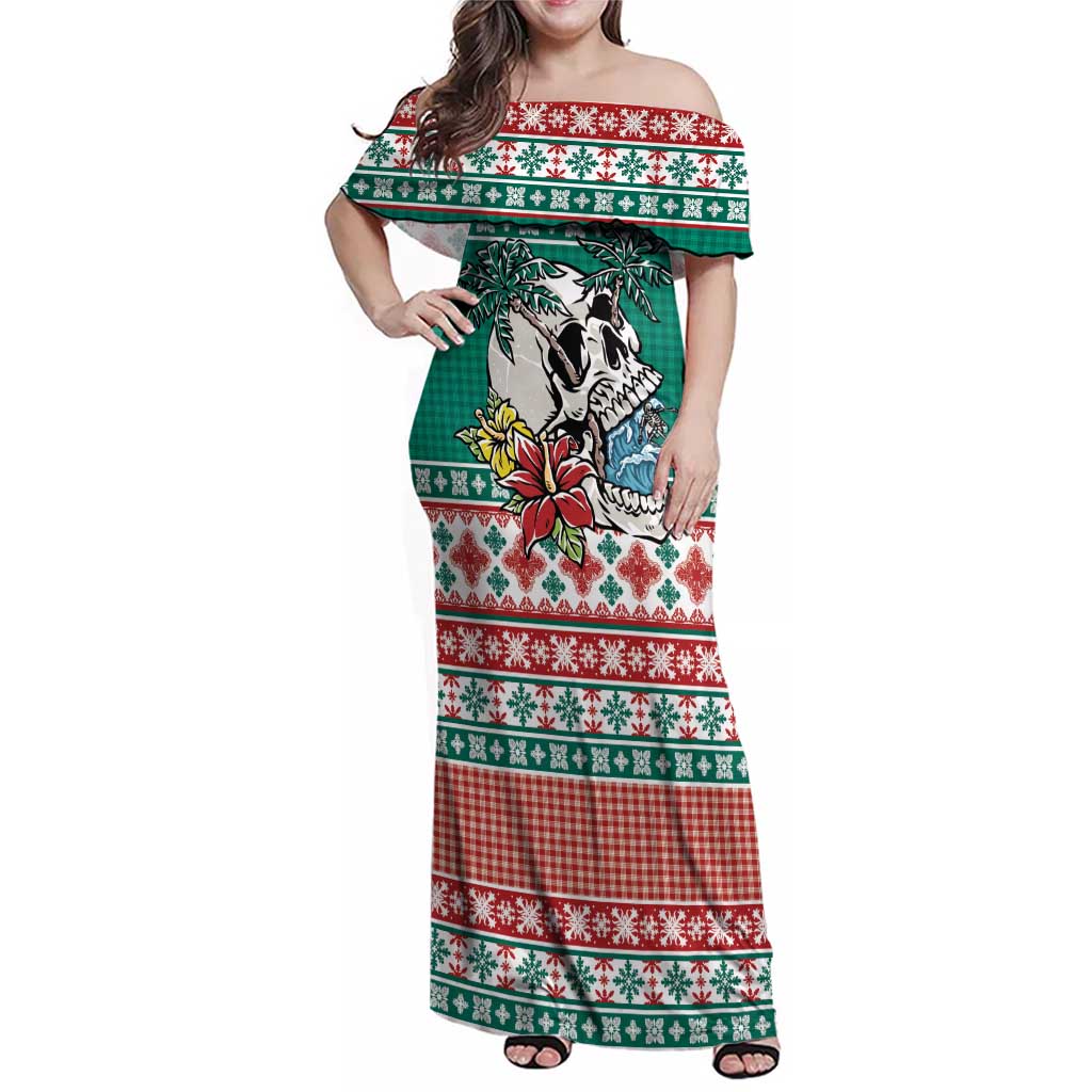 Hawaiian Skull Surfs Family Matching Off Shoulder Maxi Dress and Hawaiian Shirt Mele Kalikimaka Palaka Quilt Pattern LT9 Green - Polynesian Pride