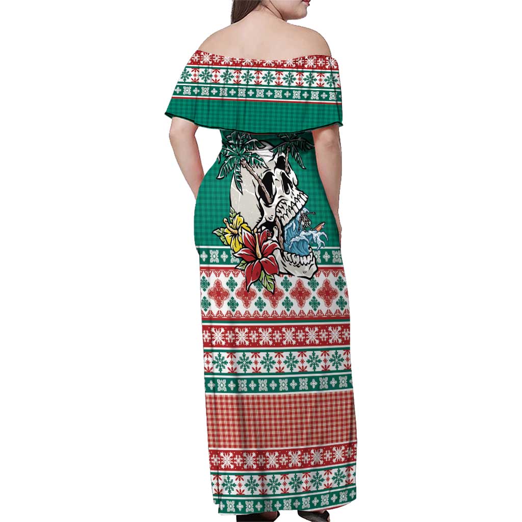 Hawaiian Skull Surfs Family Matching Off Shoulder Maxi Dress and Hawaiian Shirt Mele Kalikimaka Palaka Quilt Pattern LT9 - Polynesian Pride