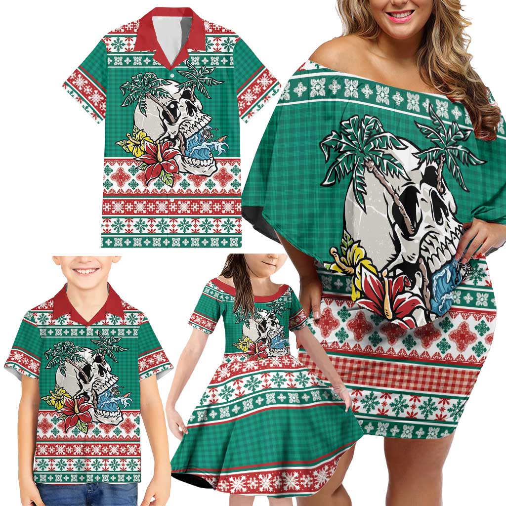 Hawaiian Skull Surfs Family Matching Off Shoulder Short Dress and Hawaiian Shirt Mele Kalikimaka Palaka Quilt Pattern - Polynesian Pride