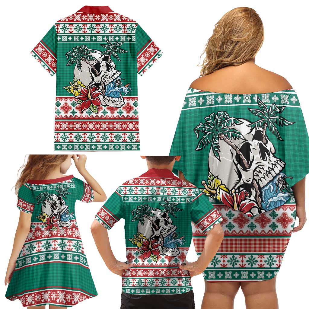 Hawaiian Skull Surfs Family Matching Off Shoulder Short Dress and Hawaiian Shirt Mele Kalikimaka Palaka Quilt Pattern LT9 - Polynesian Pride