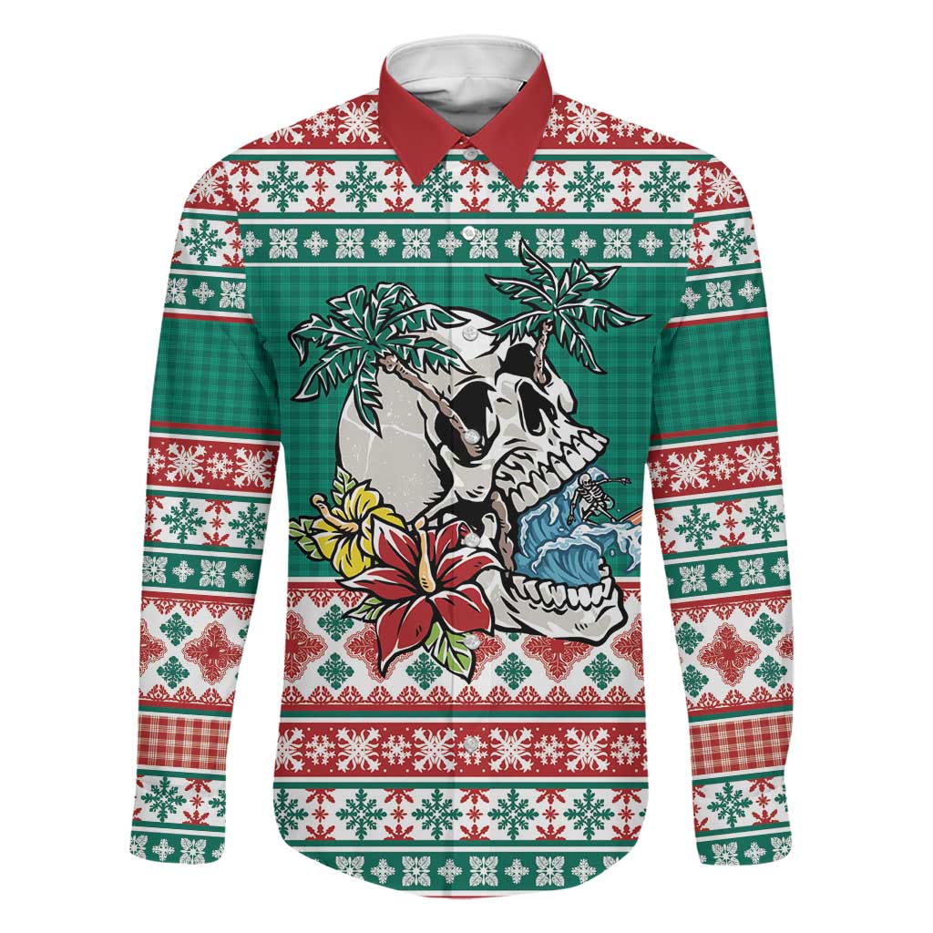 Hawaiian Skull Surfs Family Matching Off Shoulder Short Dress and Hawaiian Shirt Mele Kalikimaka Palaka Quilt Pattern LT9 Dad's Shirt - Long Sleeve Green - Polynesian Pride