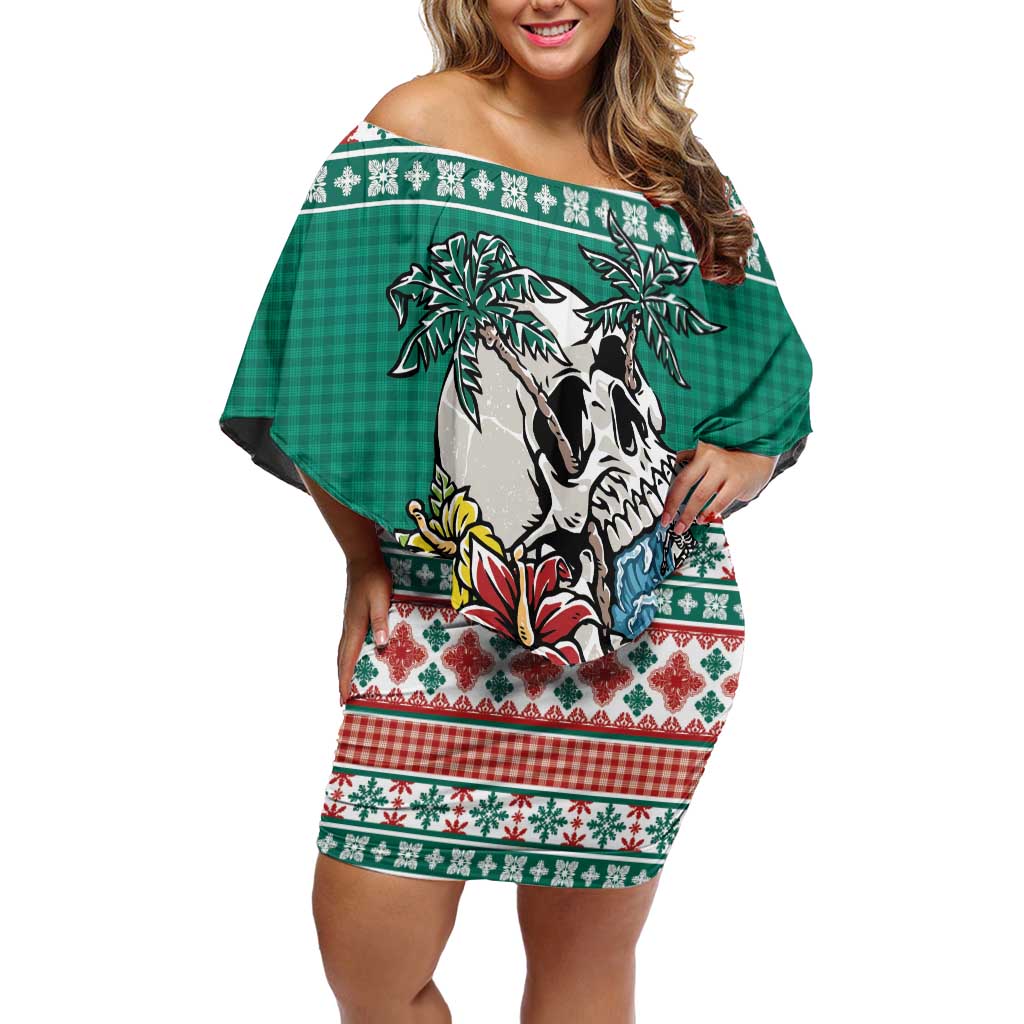 Hawaiian Skull Surfs Family Matching Off Shoulder Short Dress and Hawaiian Shirt Mele Kalikimaka Palaka Quilt Pattern LT9 Green - Polynesian Pride