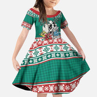 Hawaiian Skull Surfs Family Matching Puletasi and Hawaiian Shirt Mele Kalikimaka Palaka Quilt Pattern LT9 Daughter's Dress Green - Polynesian Pride