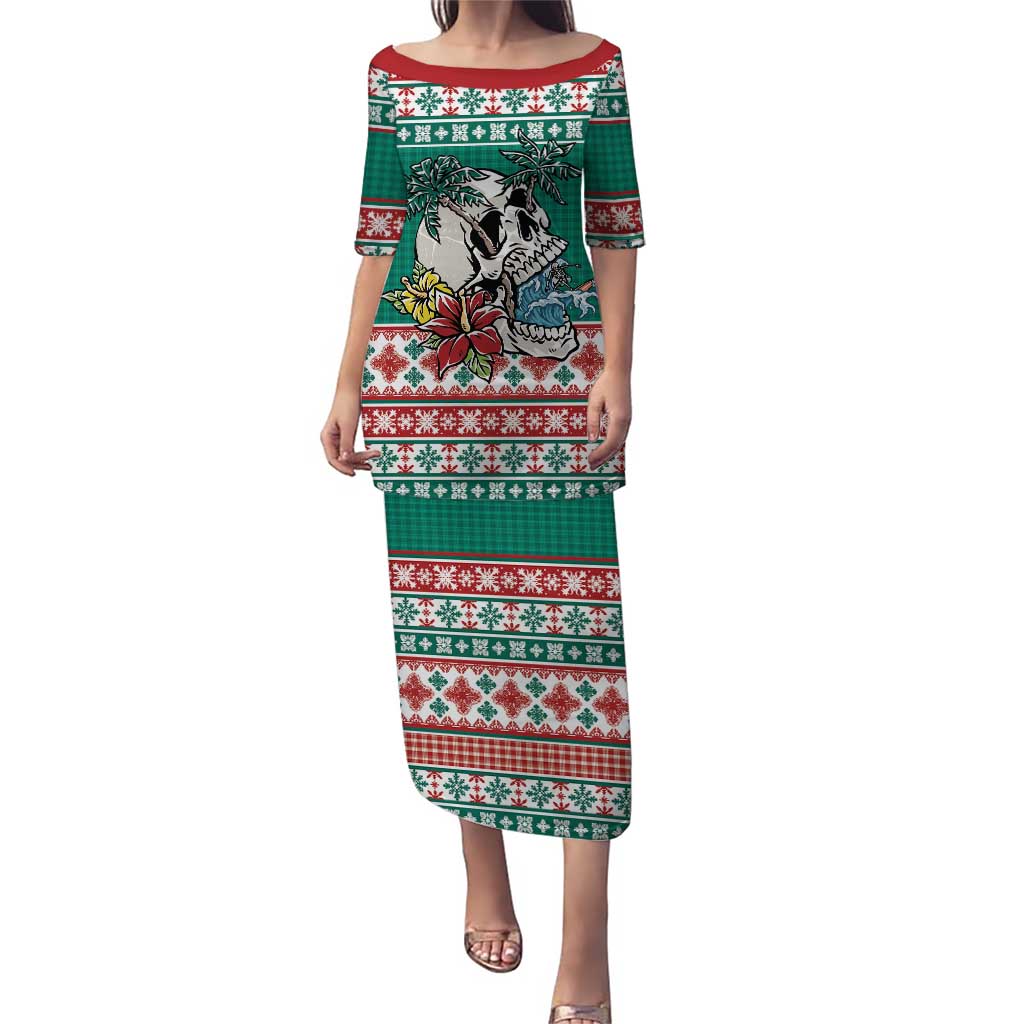 Hawaiian Skull Surfs Family Matching Puletasi and Hawaiian Shirt Mele Kalikimaka Palaka Quilt Pattern LT9 Green - Polynesian Pride