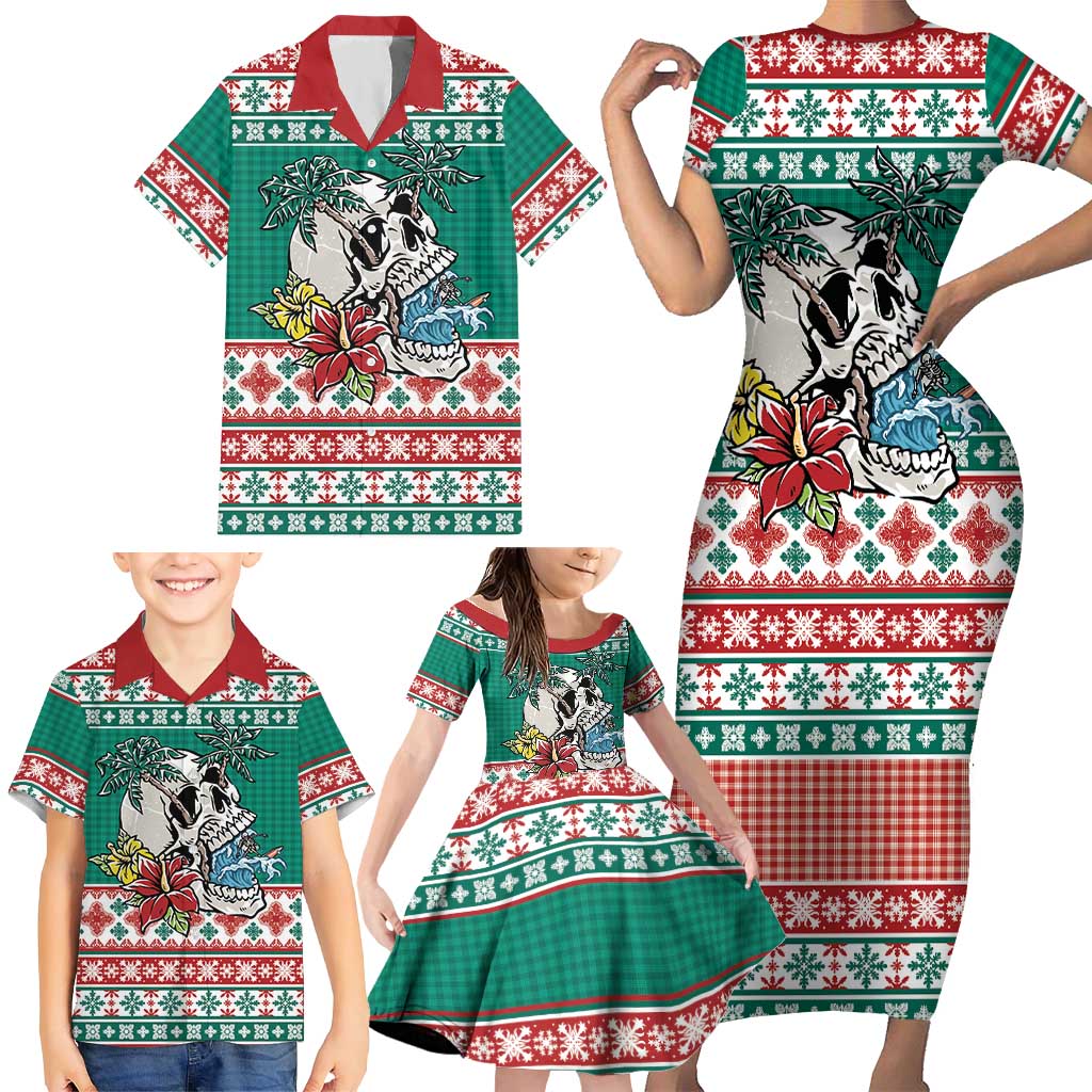 Hawaiian Skull Surfs Family Matching Short Sleeve Bodycon Dress and Hawaiian Shirt Mele Kalikimaka Palaka Quilt Pattern LT9 - Polynesian Pride
