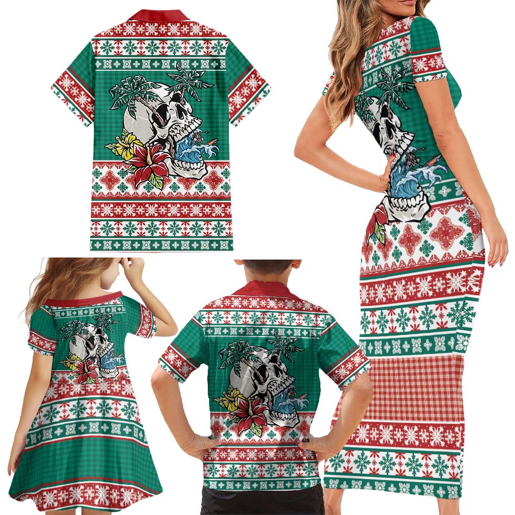 Hawaiian Skull Surfs Family Matching Short Sleeve Bodycon Dress and Hawaiian Shirt Mele Kalikimaka Palaka Quilt Pattern LT9 - Polynesian Pride