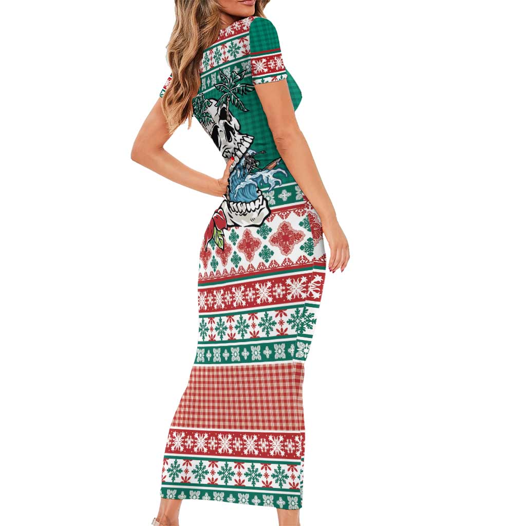 Hawaiian Skull Surfs Family Matching Short Sleeve Bodycon Dress and Hawaiian Shirt Mele Kalikimaka Palaka Quilt Pattern LT9 - Polynesian Pride