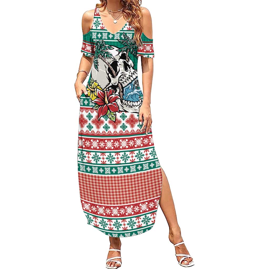 Hawaiian Skull Surfs Family Matching Summer Maxi Dress and Hawaiian Shirt Mele Kalikimaka Palaka Quilt Pattern LT9 Green - Polynesian Pride