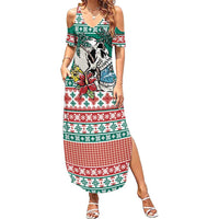 Hawaiian Skull Surfs Family Matching Summer Maxi Dress and Hawaiian Shirt Mele Kalikimaka Palaka Quilt Pattern LT9 Green - Polynesian Pride