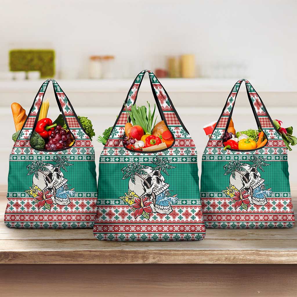 Hawaiian Skull Surfs Grocery Bag Mele Kalikimaka Palaka Quilt Pattern LT9 3-pack One Size Green - Polynesian Pride