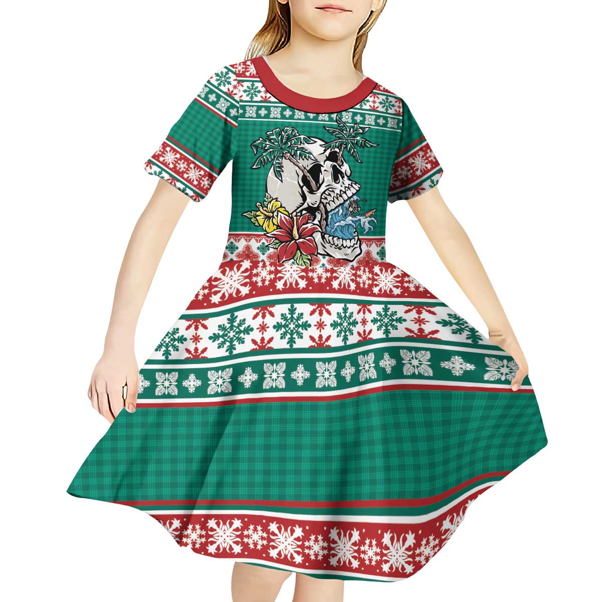 Hawaiian Skull Surfs Kid Short Sleeve Dress Mele Kalikimaka Palaka Quilt Pattern - Polynesian Pride