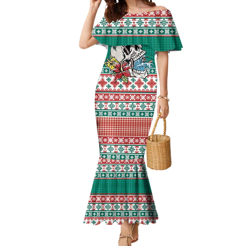 Hawaiian Skull Surfs Mermaid Dress Mele Kalikimaka Palaka Quilt Pattern LT9 Women Green - Polynesian Pride