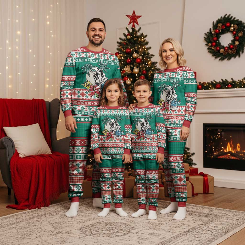 Hawaiian Skull Surfs Christmas Pajama Set Mele Kalikimaka Palaka Quilt Pattern - Polynesian Pride