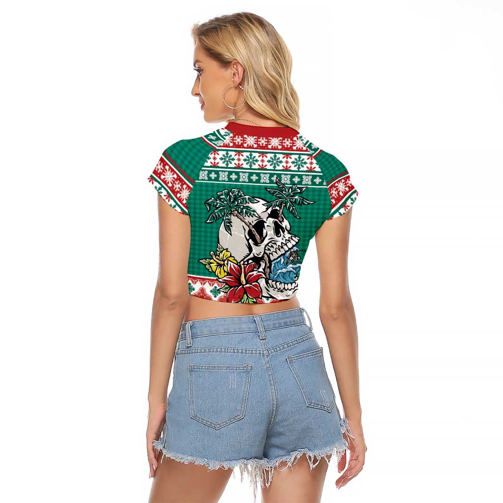 Hawaiian Skull Surfs Raglan Cropped T Shirt Mele Kalikimaka Palaka Quilt Pattern - Polynesian Pride