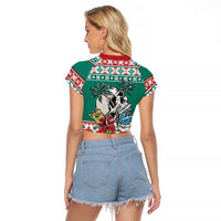 Hawaiian Skull Surfs Raglan Cropped T Shirt Mele Kalikimaka Palaka Quilt Pattern - Polynesian Pride