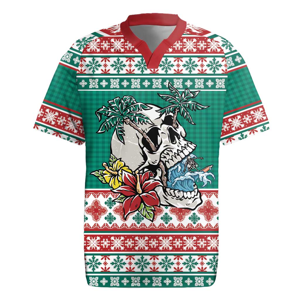 Hawaiian Skull Surfs Rugby Jersey Mele Kalikimaka Palaka Quilt Pattern LT9 Green - Polynesian Pride