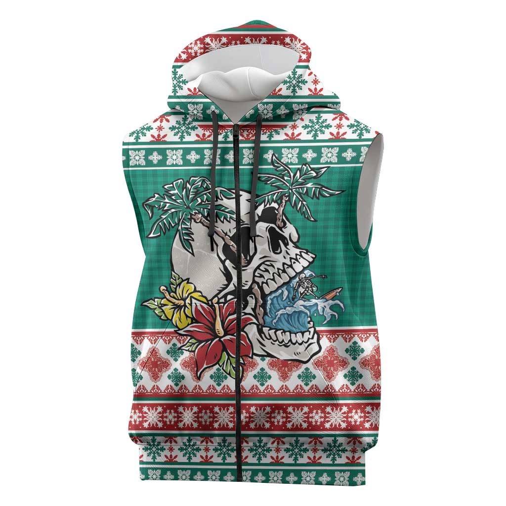 Hawaiian Skull Surfs Sleeveless Zip Hoodie Mele Kalikimaka Palaka Quilt Pattern - Polynesian Pride