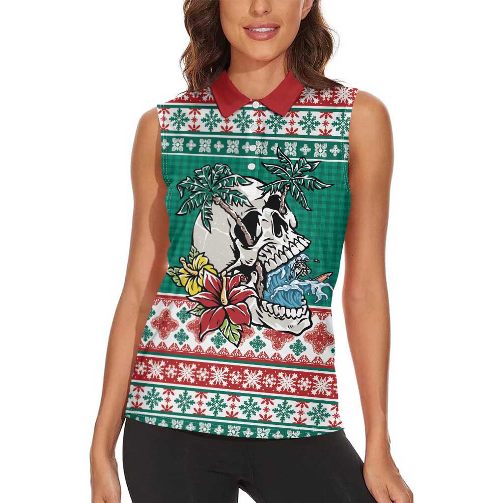Hawaiian Skull Surfs Women Sleeveless Polo Shirt Mele Kalikimaka Palaka Quilt Pattern - Polynesian Pride