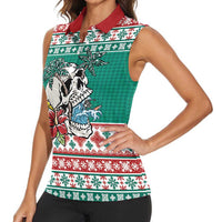 Hawaiian Skull Surfs Women Sleeveless Polo Shirt Mele Kalikimaka Palaka Quilt Pattern - Polynesian Pride