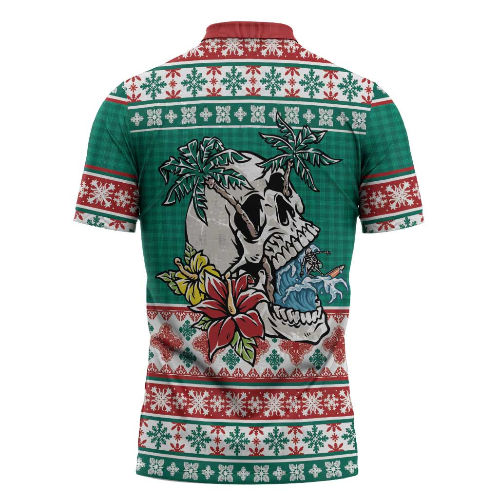 Hawaiian Skull Surfs Zipper Polo Shirt Mele Kalikimaka Palaka Quilt Pattern - Polynesian Pride