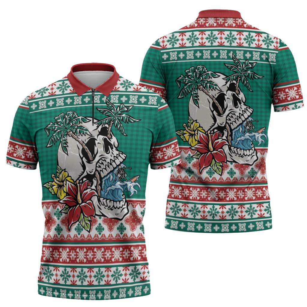 Hawaiian Skull Surfs Zipper Polo Shirt Mele Kalikimaka Palaka Quilt Pattern - Polynesian Pride