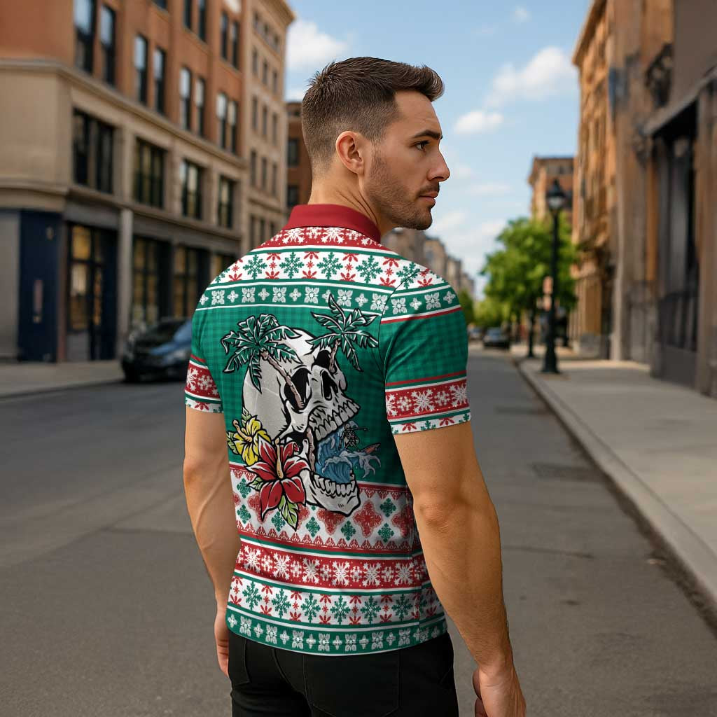 Hawaiian Skull Surfs Zipper Polo Shirt Mele Kalikimaka Palaka Quilt Pattern - Polynesian Pride