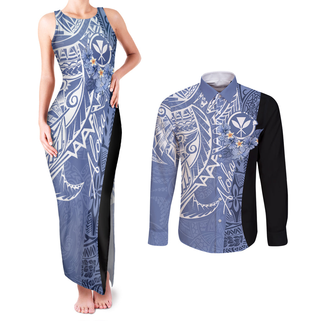 Aloha Vintage Hawaii Tribal Couples Matching Tank Maxi Dress and Long Sleeve Button Shirt Blue Style LT9 Blue - Polynesian Pride