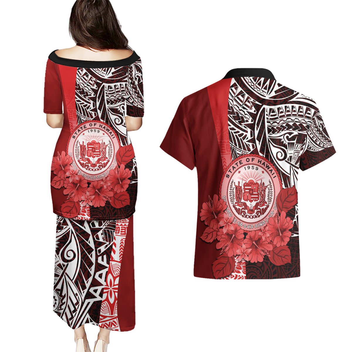 Aloha Vintage Hawaii Tribal Couples Matching Puletasi Dress and Hawaiian Shirt Red Style LT9 - Polynesian Pride