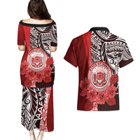Aloha Vintage Hawaii Tribal Couples Matching Puletasi Dress and Hawaiian Shirt Red Style LT9 - Polynesian Pride