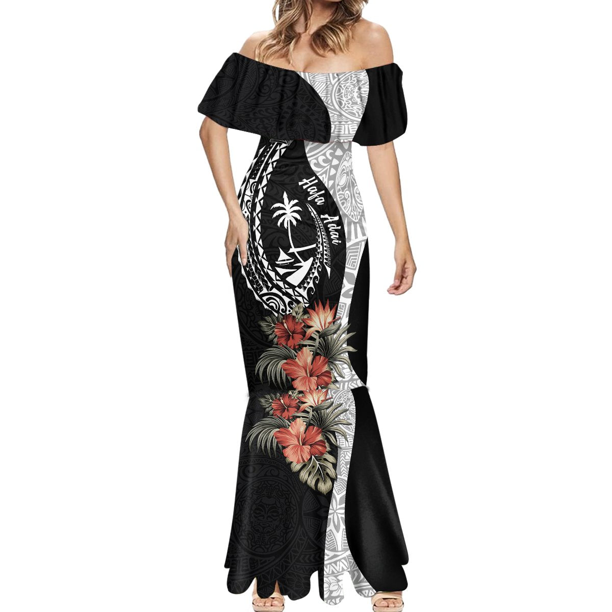 Hafa Adai Guam Mermaid Dress Tropical Flowers with Polynesian Pattern LT9 - Polynesian Pride