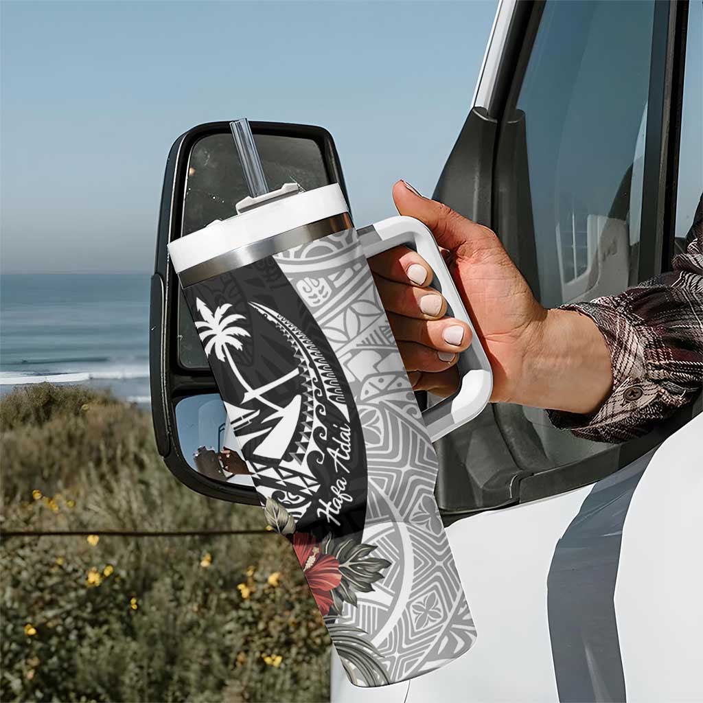 Guam Hafa Adai Tumbler With Handle Tropical Flowers with Polynesian Pattern
