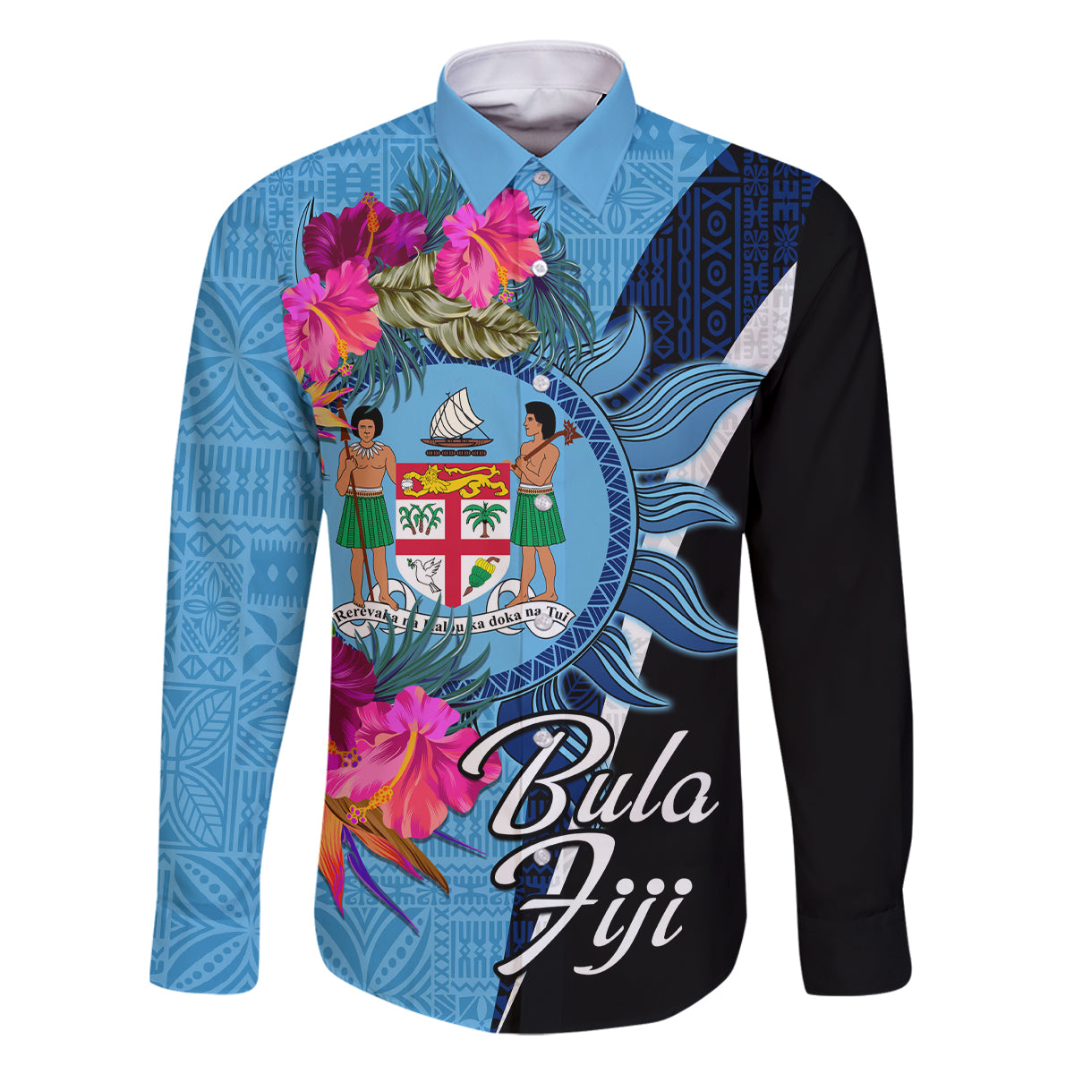 Bula Fiji Vintage Fijian Masi Pattern Family Matching Off Shoulder Maxi Dress and Hawaiian Shirt Blue Unique LT9 Dad's Shirt - Long Sleeve Blue - Polynesian Pride