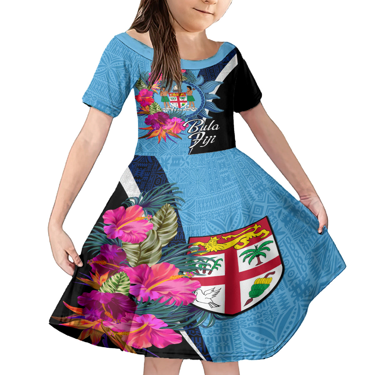 Bula Fiji Vintage Fijian Masi Pattern Family Matching Off Shoulder Short Dress and Hawaiian Shirt Blue Unique LT9 Daughter's Dress Blue - Polynesian Pride