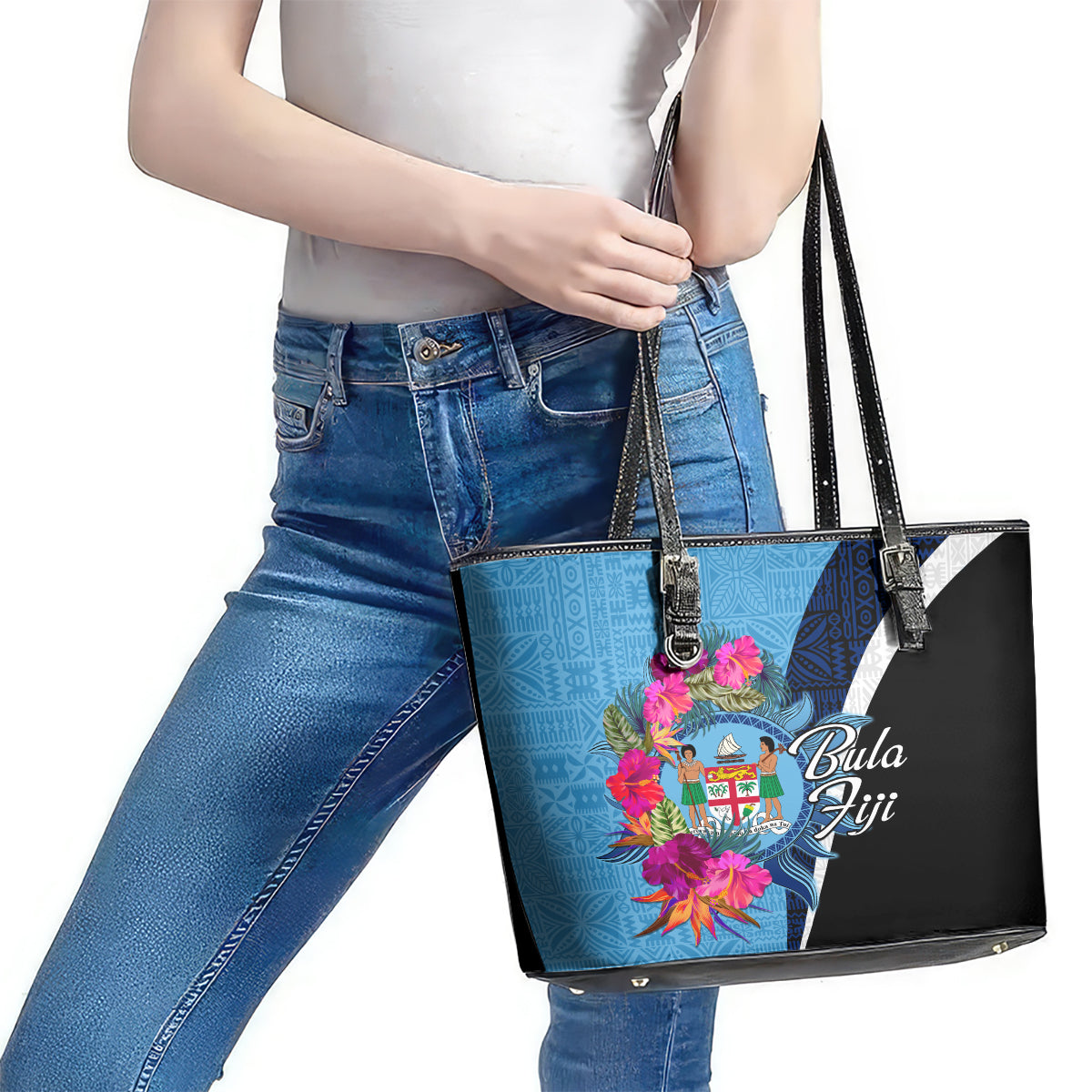 Bula Fiji Vintage Fijian Masi Pattern Leather Tote Bag Blue Unique LT9 - Polynesian Pride