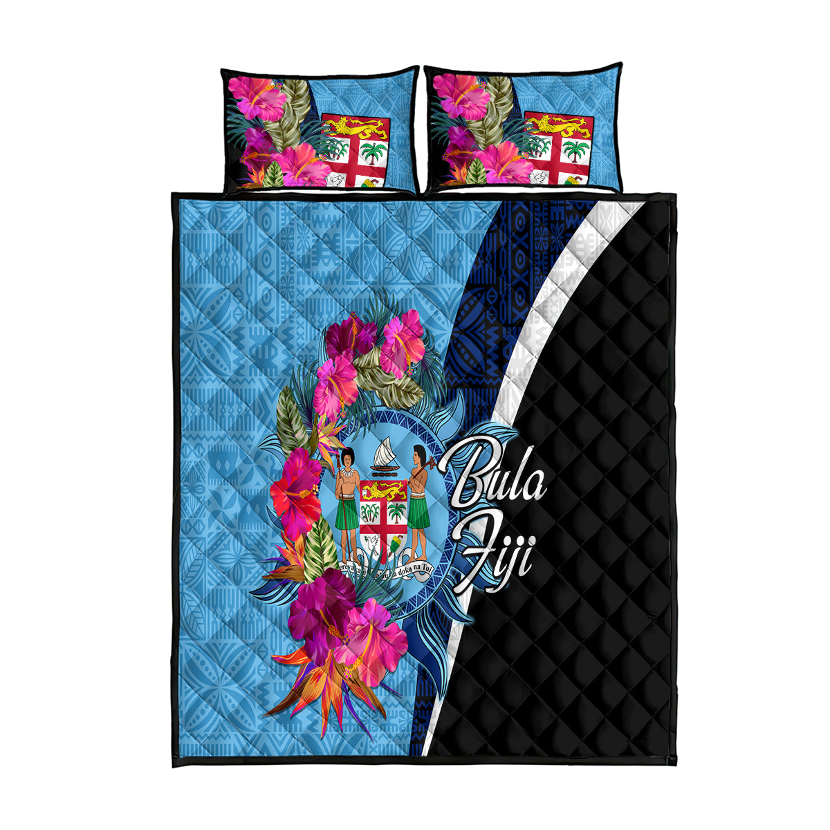 Bula Fiji Vintage Fijian Masi Pattern Quilt Bed Set Blue Unique LT9 Blue - Polynesian Pride