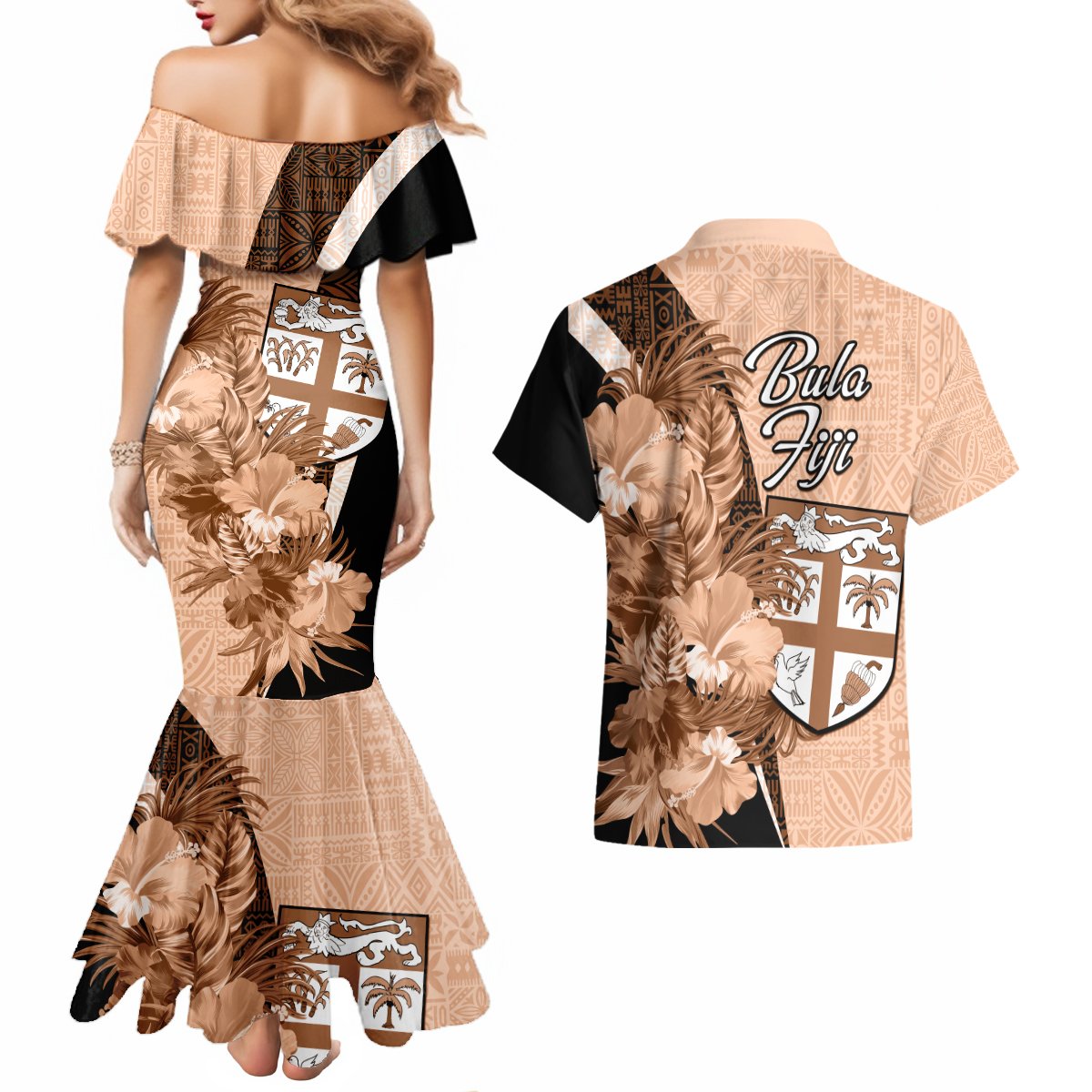 Bula Fiji Vintage Fijian Masi Pattern Couples Matching Mermaid Dress and Hawaiian Shirt Peach Fuzz Unique LT9 - Polynesian Pride