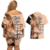 Bula Fiji Vintage Fijian Masi Pattern Couples Matching Off Shoulder Short Dress and Hawaiian Shirt Peach Fuzz Unique LT9 - Polynesian Pride