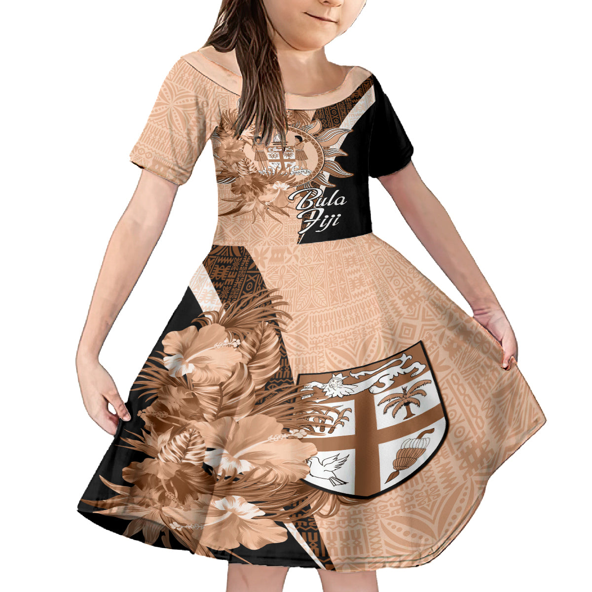 Bula Fiji Vintage Fijian Masi Pattern Kid Short Sleeve Dress Peach Fuzz Unique LT9 KID Peach Fuzz - Polynesian Pride